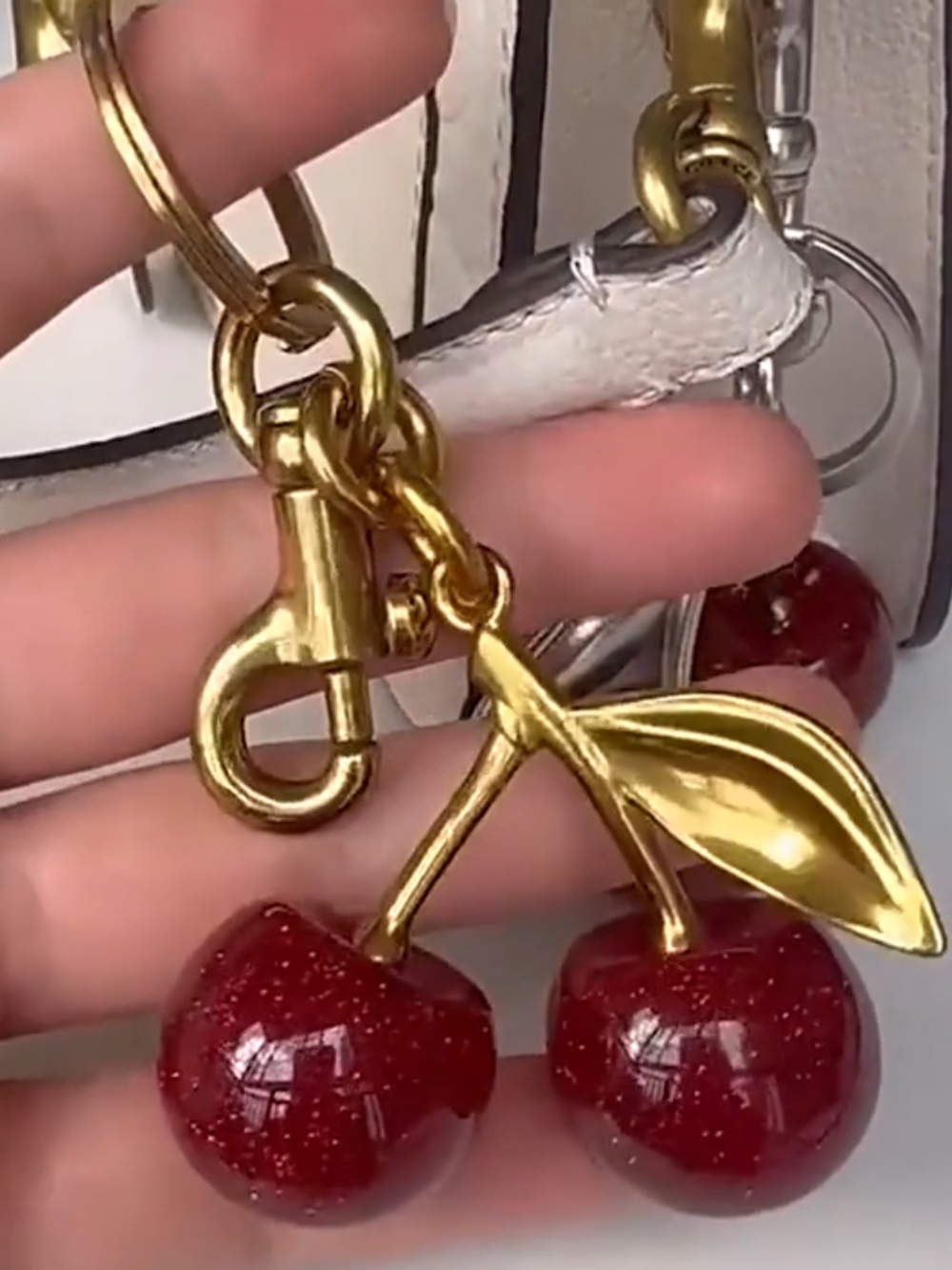 Brand New Red Glitter Cherry Keychain / Purse Charm with Gold Hardware